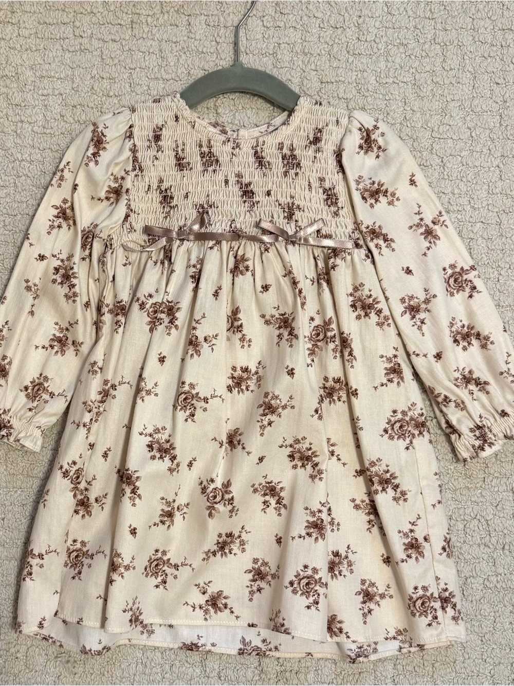 Cream Floral Smocked Long-Sleeve Kids Dress - Classic Brown Print